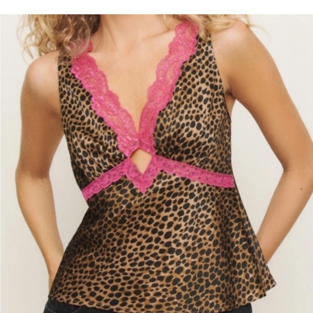 Reformation Leopard Print Camisole with Hot Pink Lace Trim